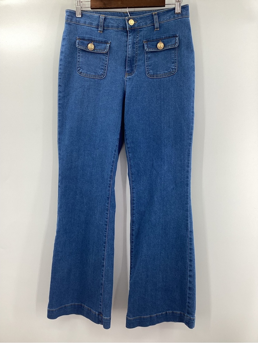 Jason Wu Mid-Rise Blue Flare Jeans with Gold Buttons